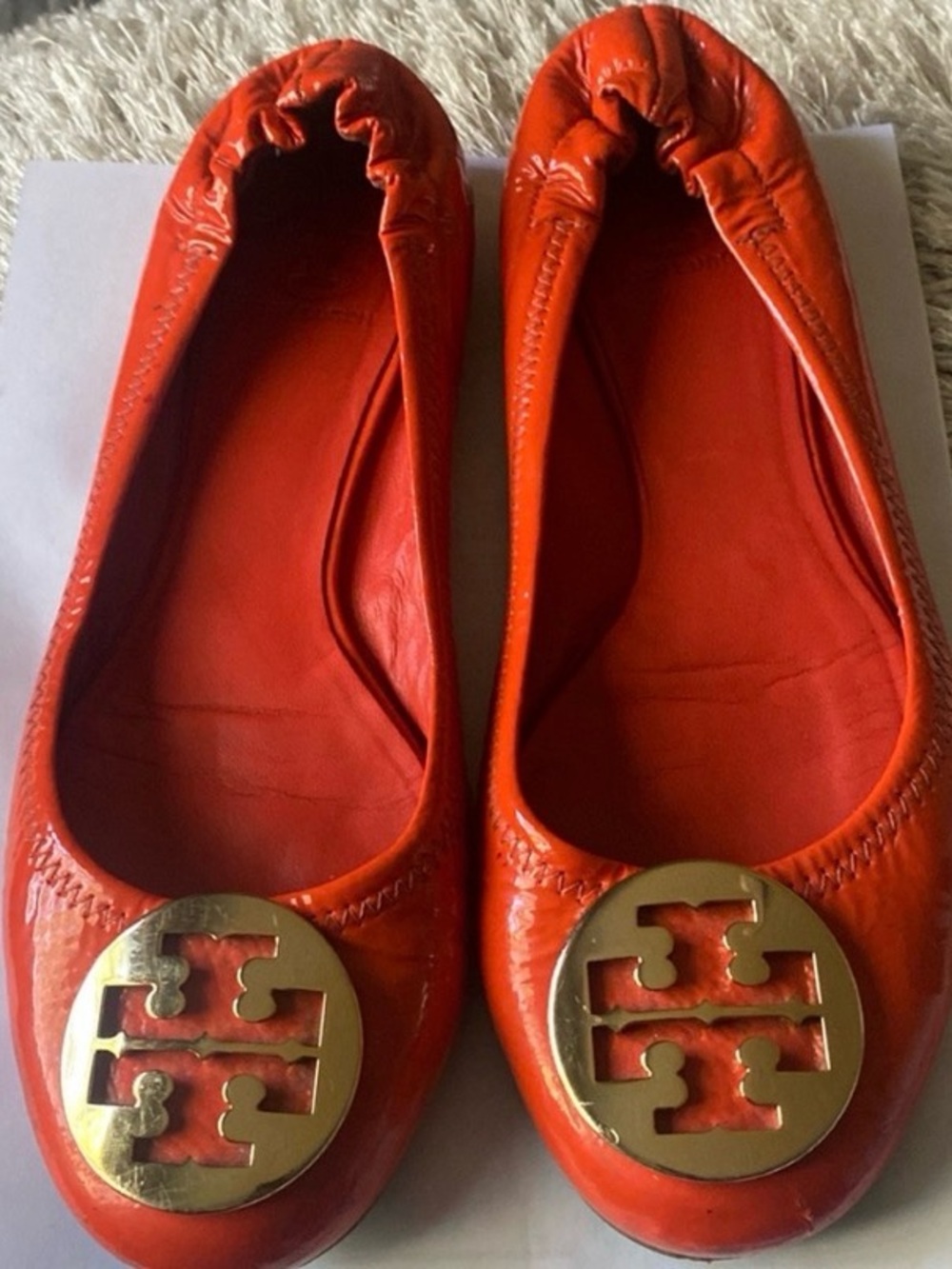 Tory Burch Bright Orange Patent Logo Ballet Flats